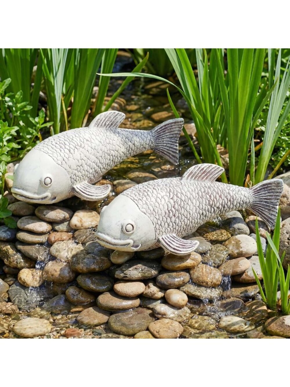 Set of 2 Large Koi Fish Garden Statues - Outdoor Pond Decor & Yard Art
